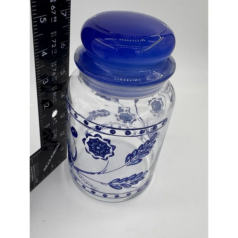Anchor Hocking Glass Pietro Gobeo Set Of 3 Blue Kitchen Canister Flower 1970s